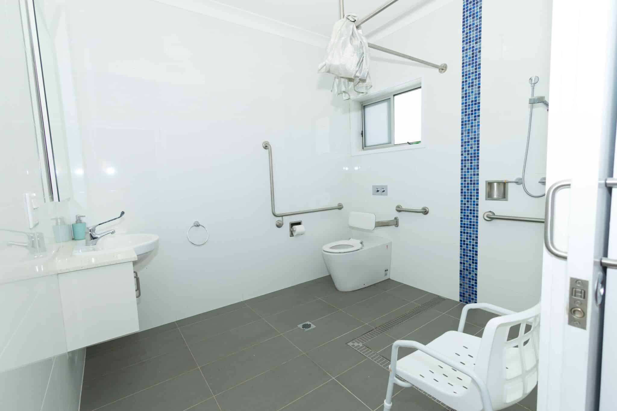 Accessible bathroom with toilet, shower and grab rails